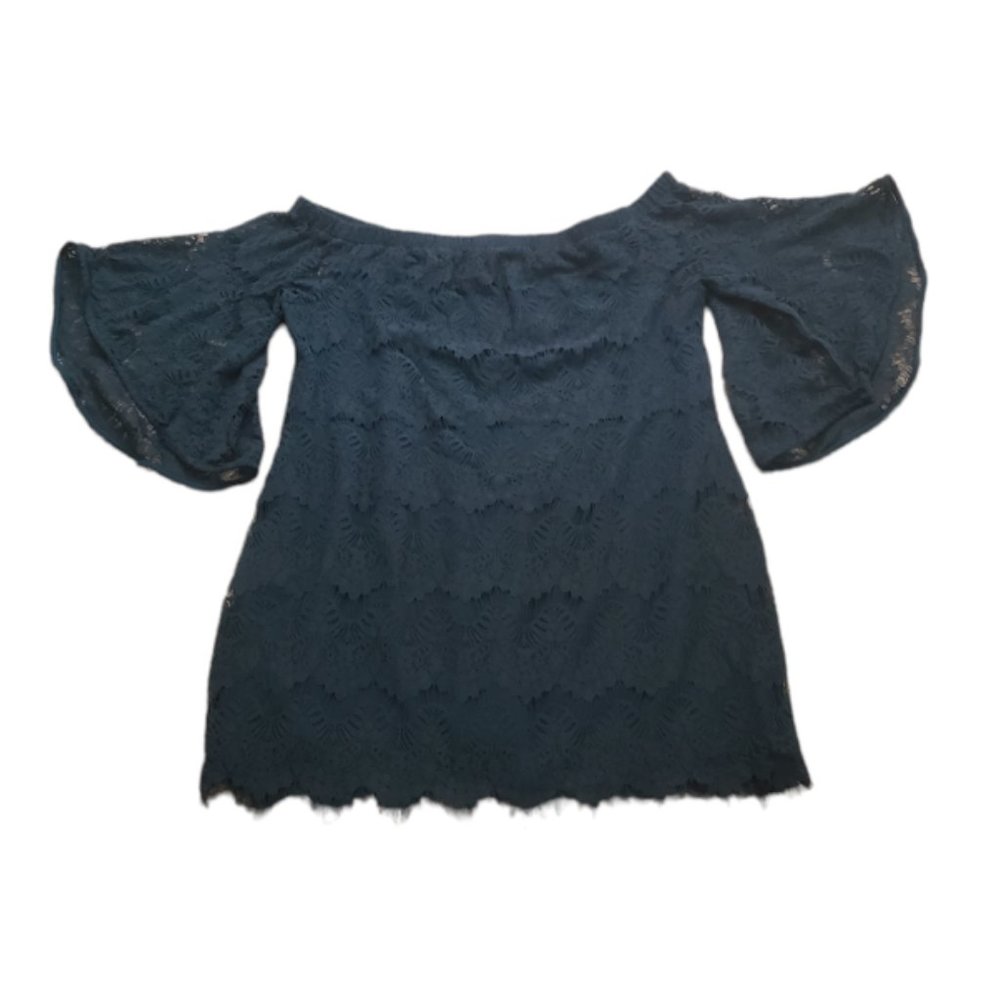 EUC City Chic Women Large Emerald Green Bella Lace Off the Shoulder Mini Dress - Picture 2 of 5